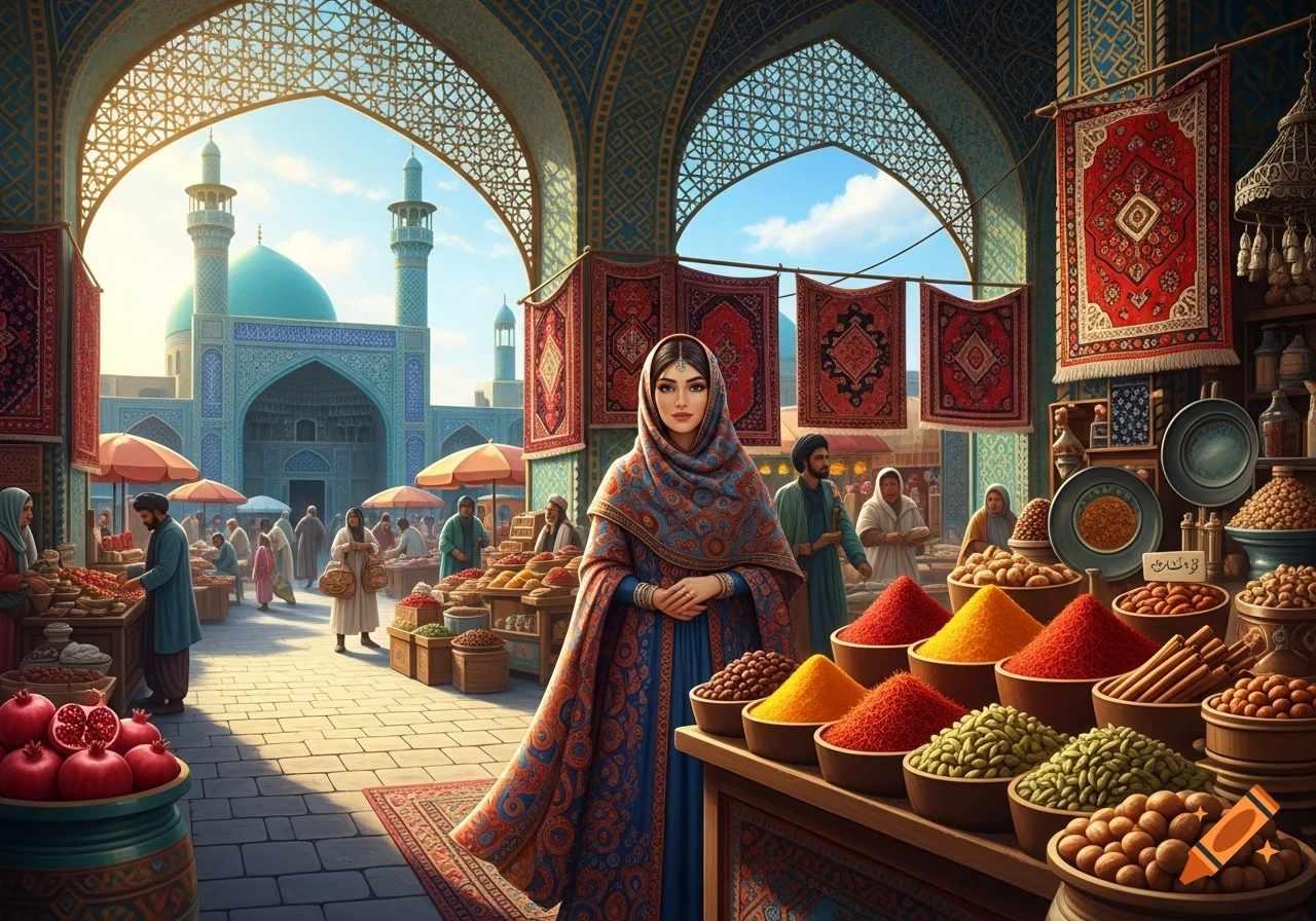 A woman in traditional attire stands in a vibrant Middle Eastern market with colorful spices and a grand mosque.