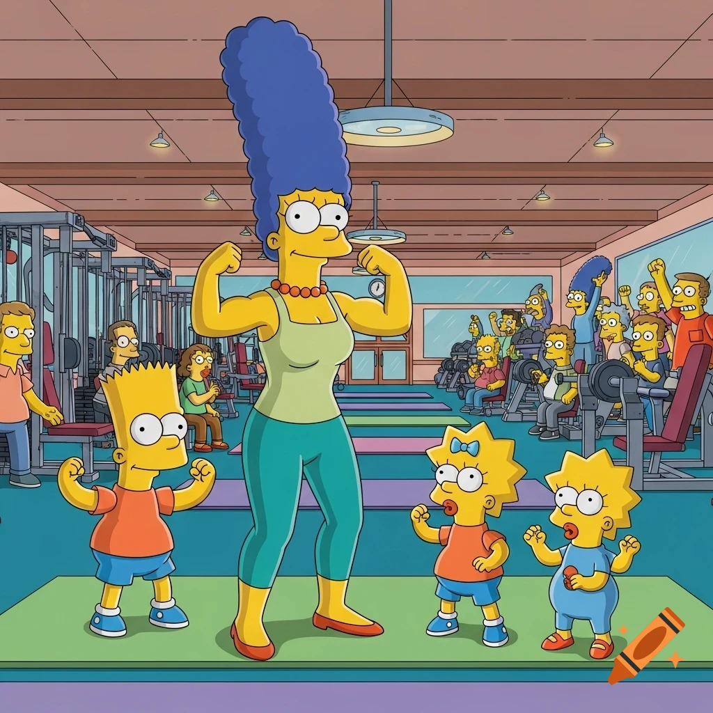 Marge Simpson and her children, Bart, Maggie, and Lisa, flex their muscles at a gym in The Simpsons cartoon style.