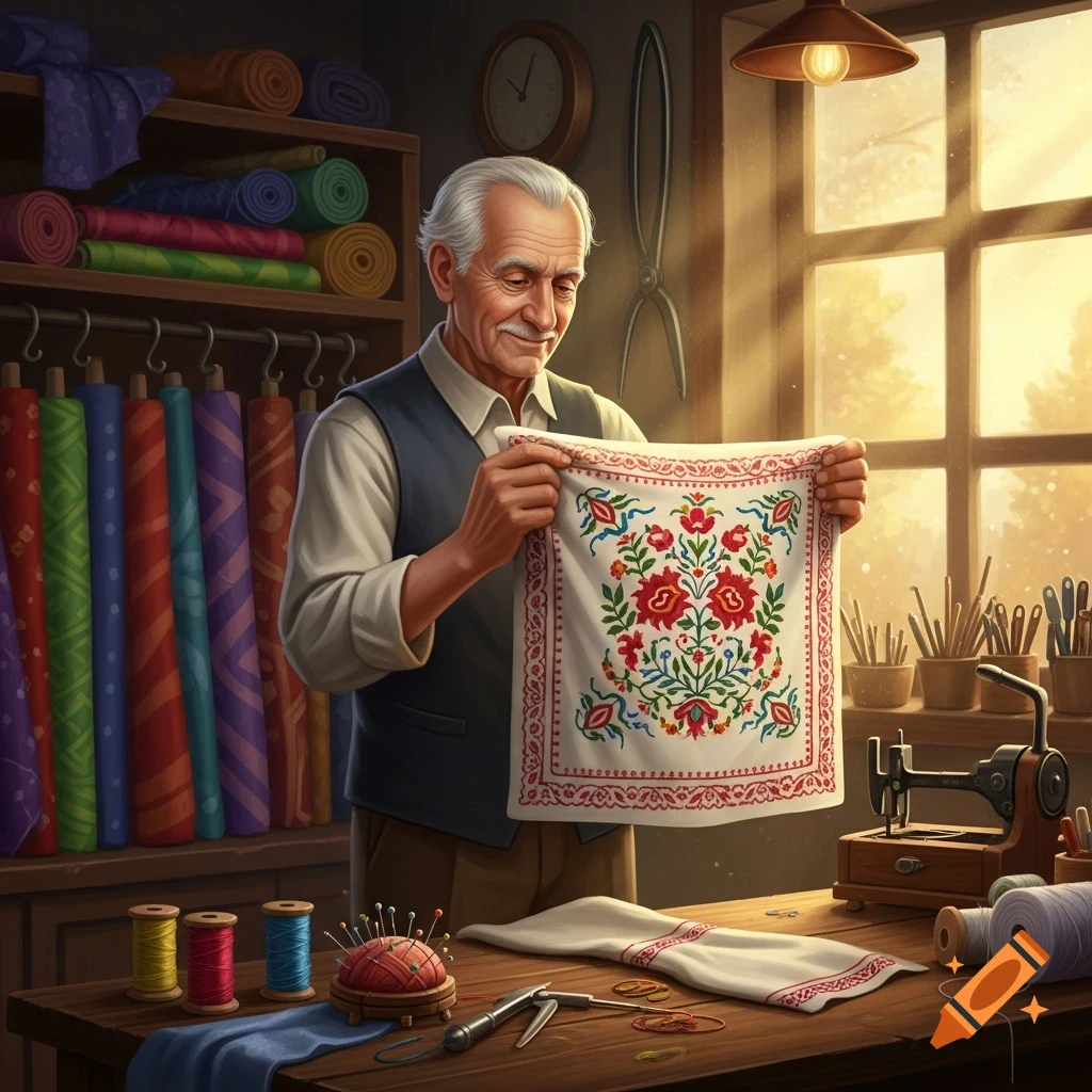An old tailor in a sunny workshop proudly holds up a white embroidered cloth with red flowers, surrounded by fabric rolls and sewing supplies.