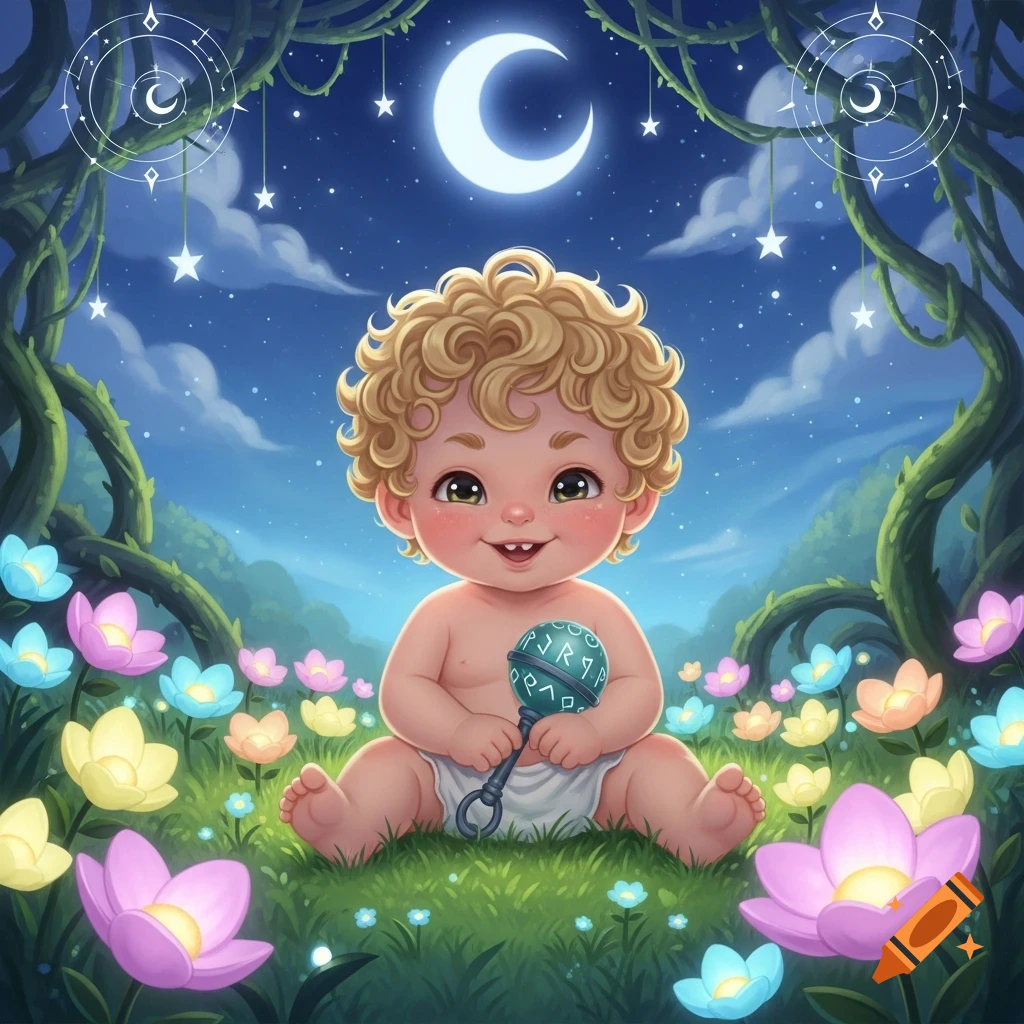 A smiling baby with curly blonde hair sits in a fantastical moonlit garden, surrounded by glowing colorful flowers, holding a rattle.
