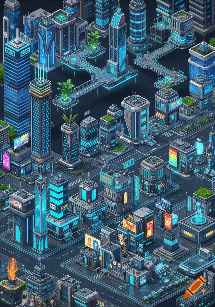 An isometric view of a sprawling futuristic city with neon blue lighting, tall buildings, roads, and elevated walkways against a dark background, in a stylized, game-like art style.