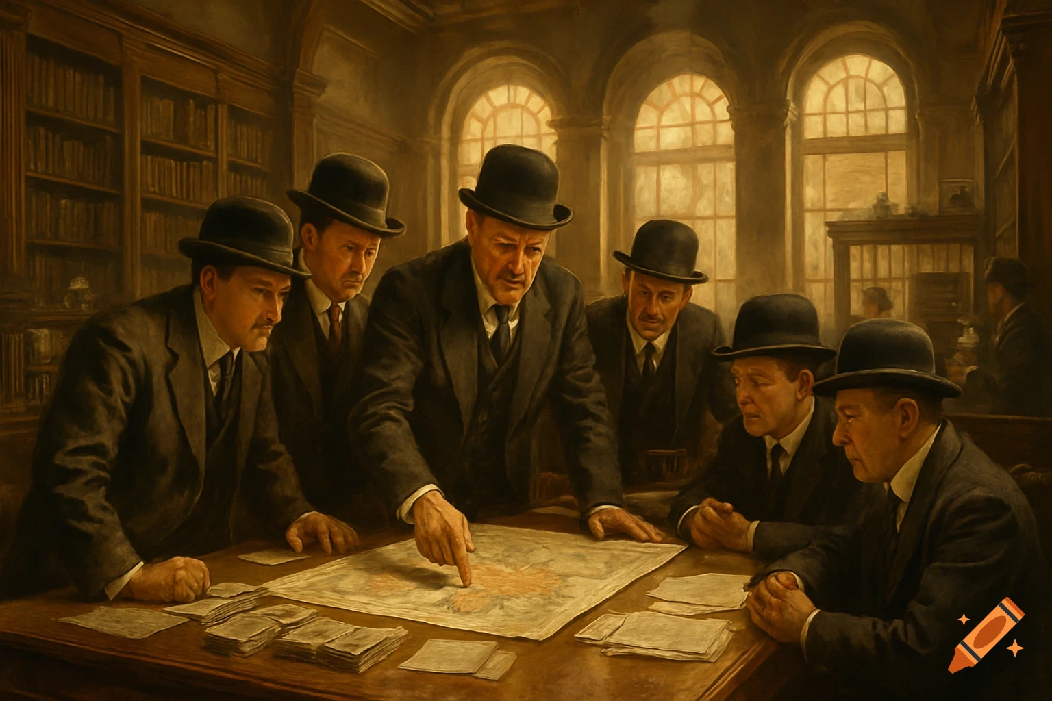 A group of men in suits and bowler hats gathered around a table, looking at a map in a room with large arched windows, painted in a historical style.