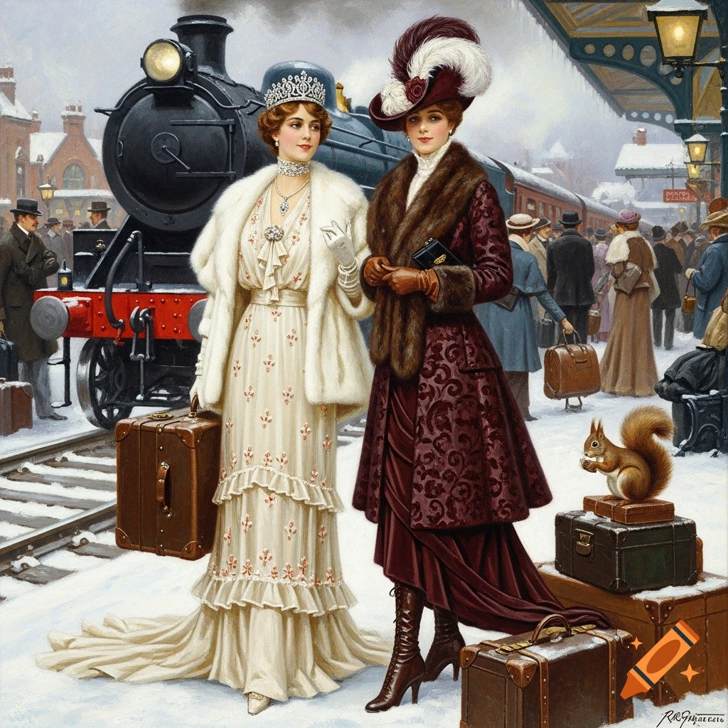 Impressionist painting of two elegantly dressed Edwardian women on a snowy train platform with a steaming train behind them.