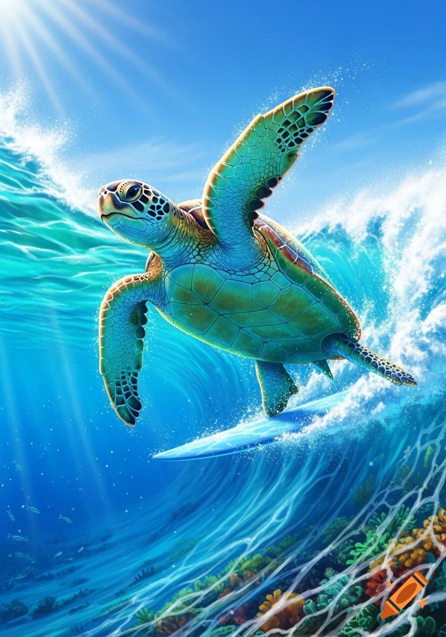 A vibrant cartoon sea turtle joyfully surfs a bright blue ocean wave with light rays and coral below.