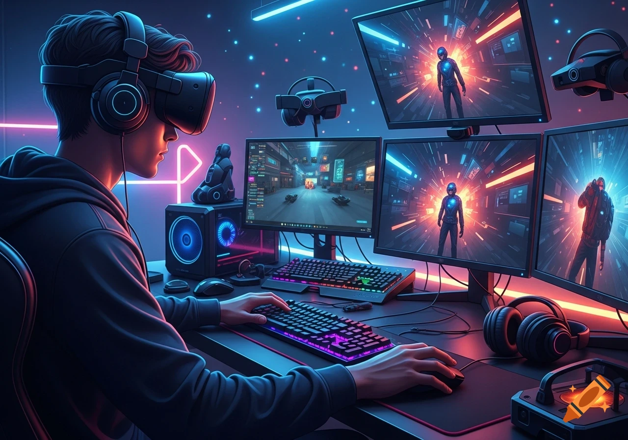 A gamer wearing a VR headset plays at a futuristic desk with multiple screens and neon lighting.