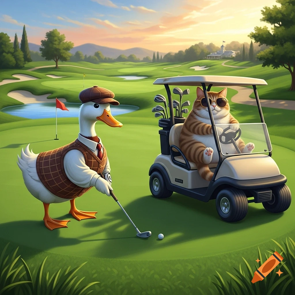 A duck in a golf outfit swings a club on a golf course, while a fat tabby cat in sunglasses relaxes in a golf cart.