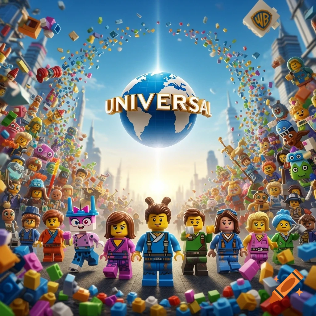 Diverse Lego characters and bricks stand before a city skyline with a glowing UNIVERSAL globe and a WB logo amidst colorful confetti.