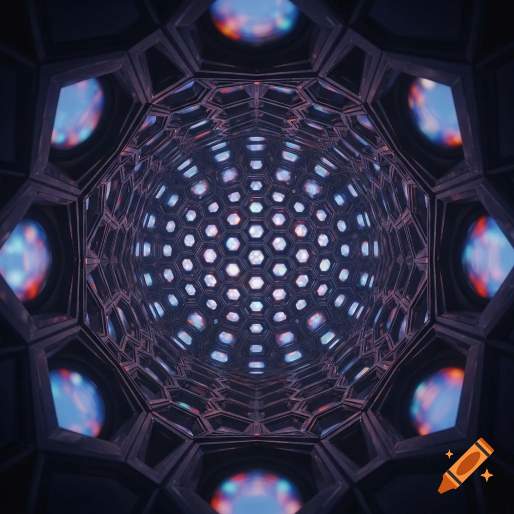 POV from inside a futuristic, dark hexagonal tunnel with glowing, shimmering blue, purple, and red panels.