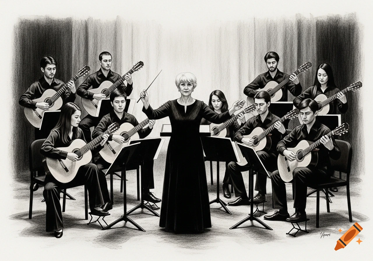 A charcoal drawing of a classical guitar ensemble with nine guitarists and a female conductor with short hair in the center, all wearing dark clothing.