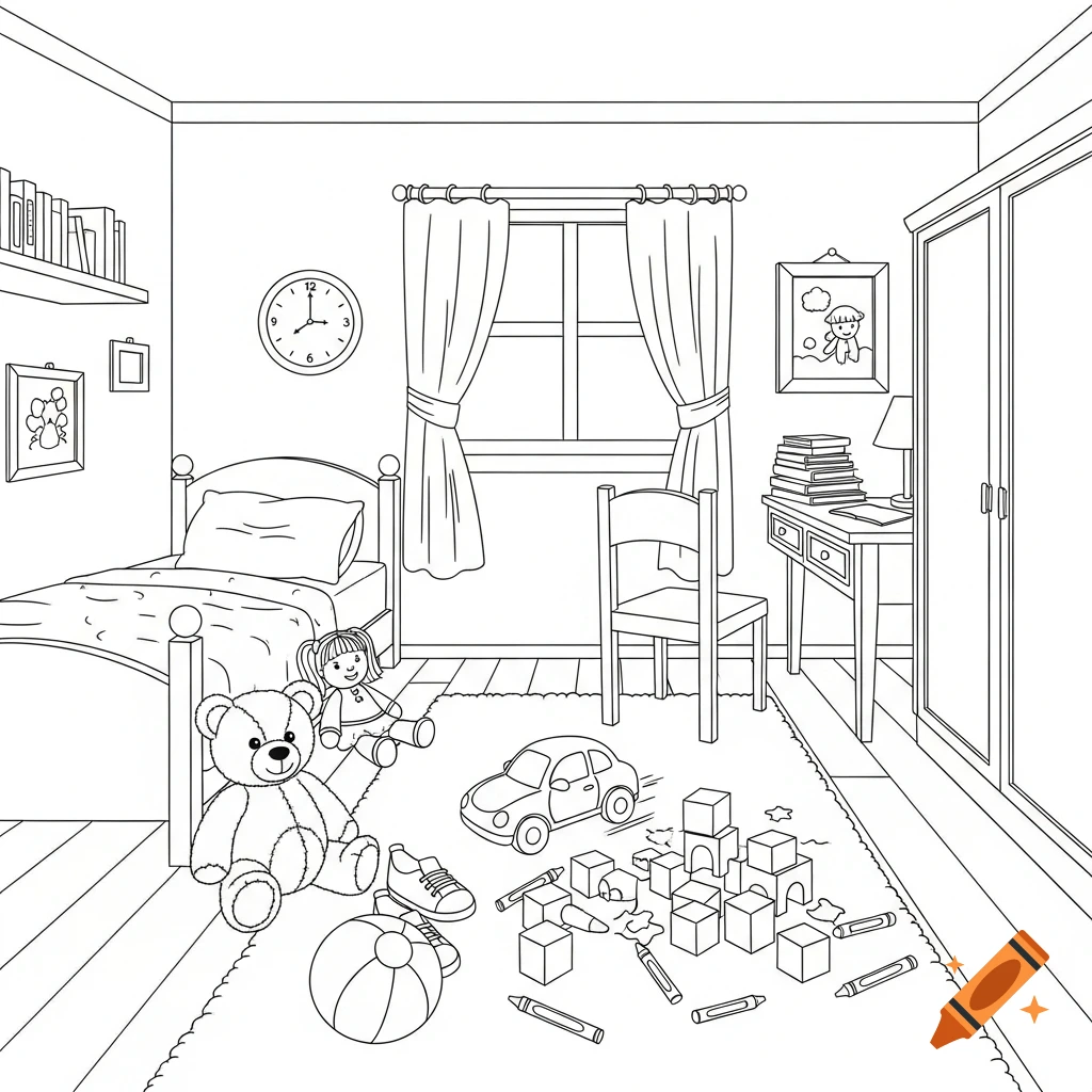 Black and white line art coloring page of a messy children's bedroom with scattered toys, bed, and desk.