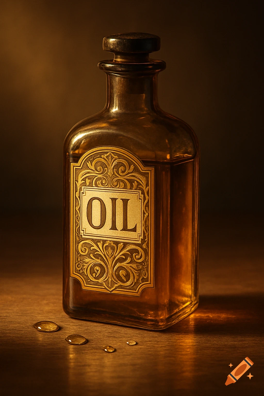 A photorealistic still life of an antique-style amber glass bottle labeled "OIL" on a wooden surface with a few oil drops.