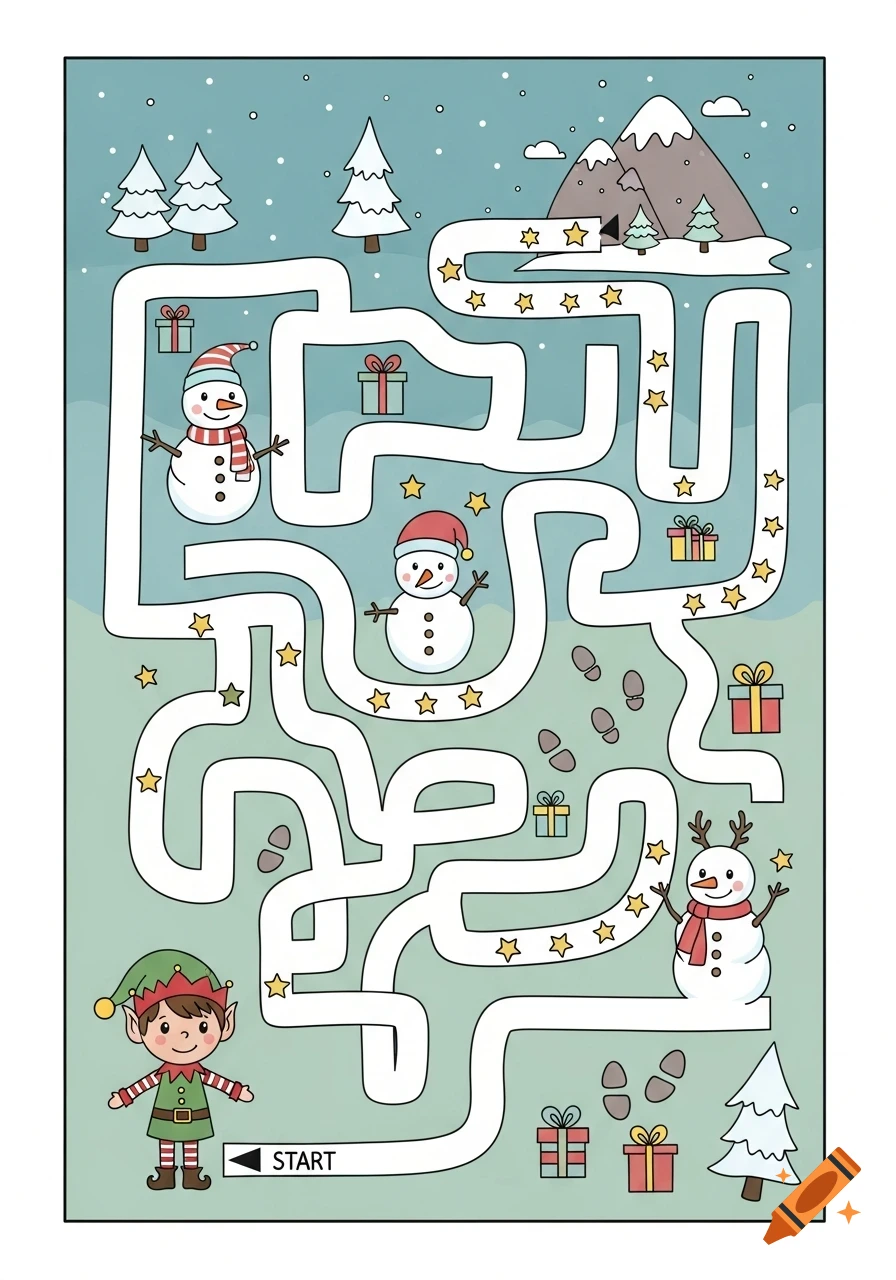A colorful children's maze with a Christmas elf at the start, leading past snowmen, gifts, and stars to a snowy mountain.