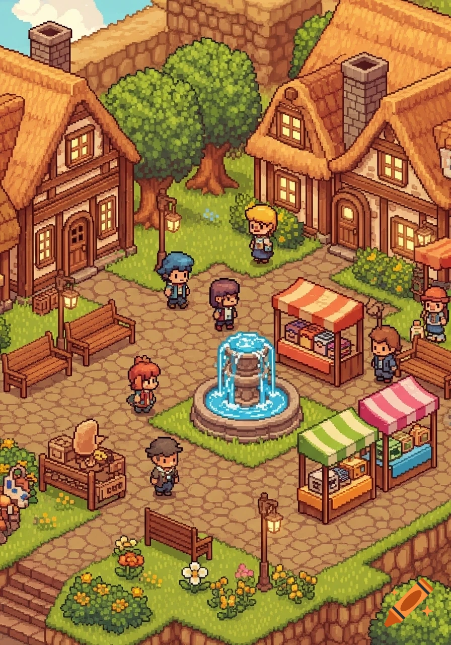 Isometric pixel art scene of a bustling village square with people, houses, market stalls, and a fountain.