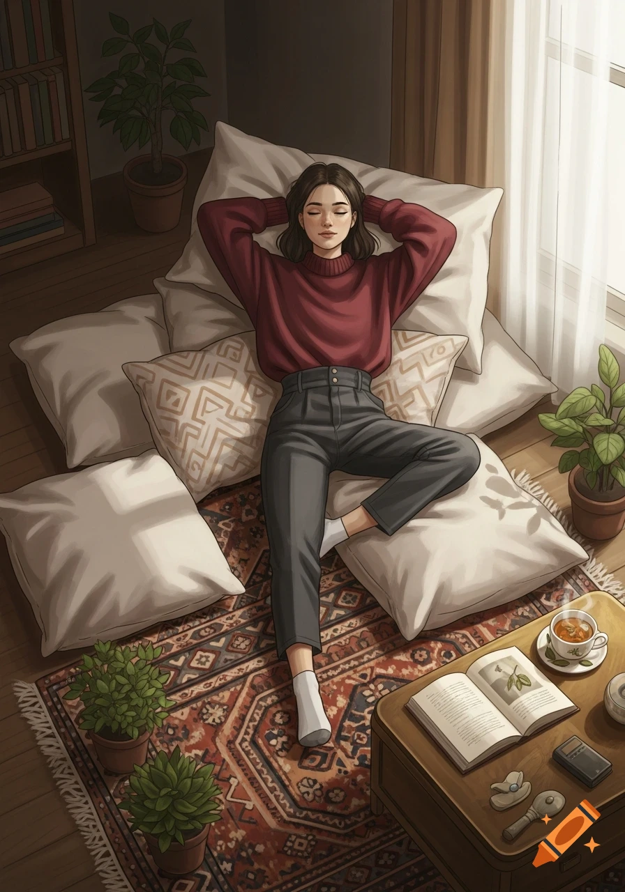 An illustration of a girl in a red sweater and dark pants relaxing on a pile of floor pillows in a cozy room with plants and a rug.