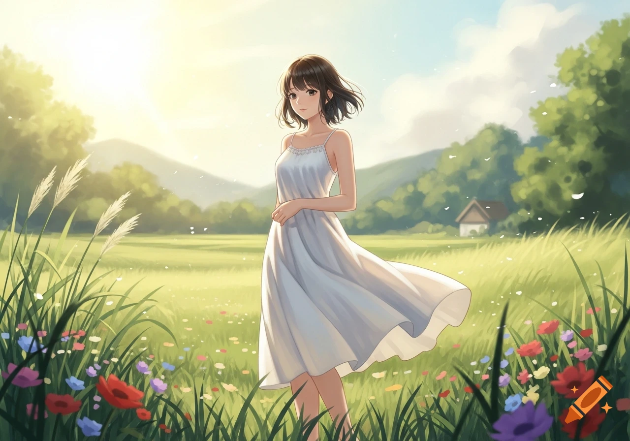 An anime girl in a white sundress stands in a sunny green field with colorful flowers and trees.