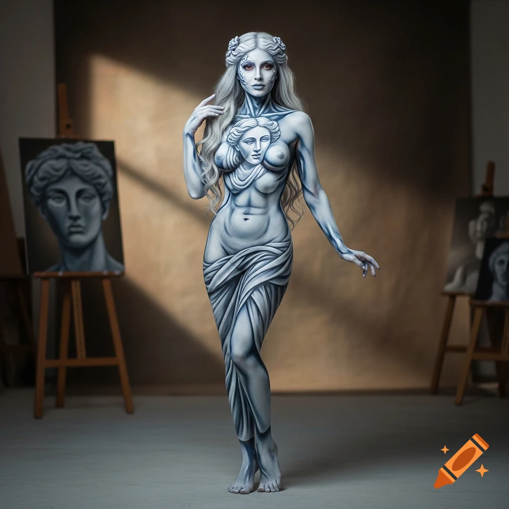 Woman with body paint resembling a classical marble statue, with long hair and a serene expression, in an art studio setting.
