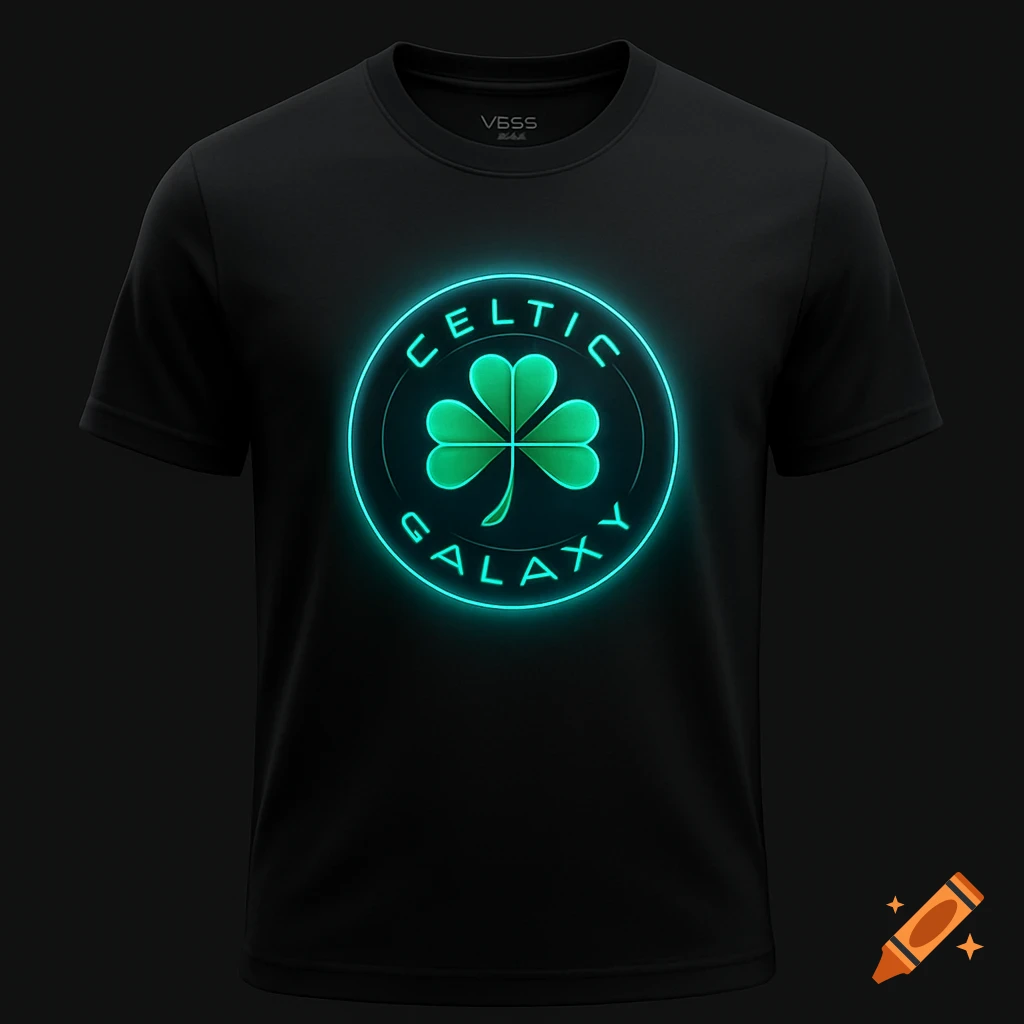 A black t-shirt features a glowing green shamrock inside a neon circle with 'CELTIC GALAXY' text.