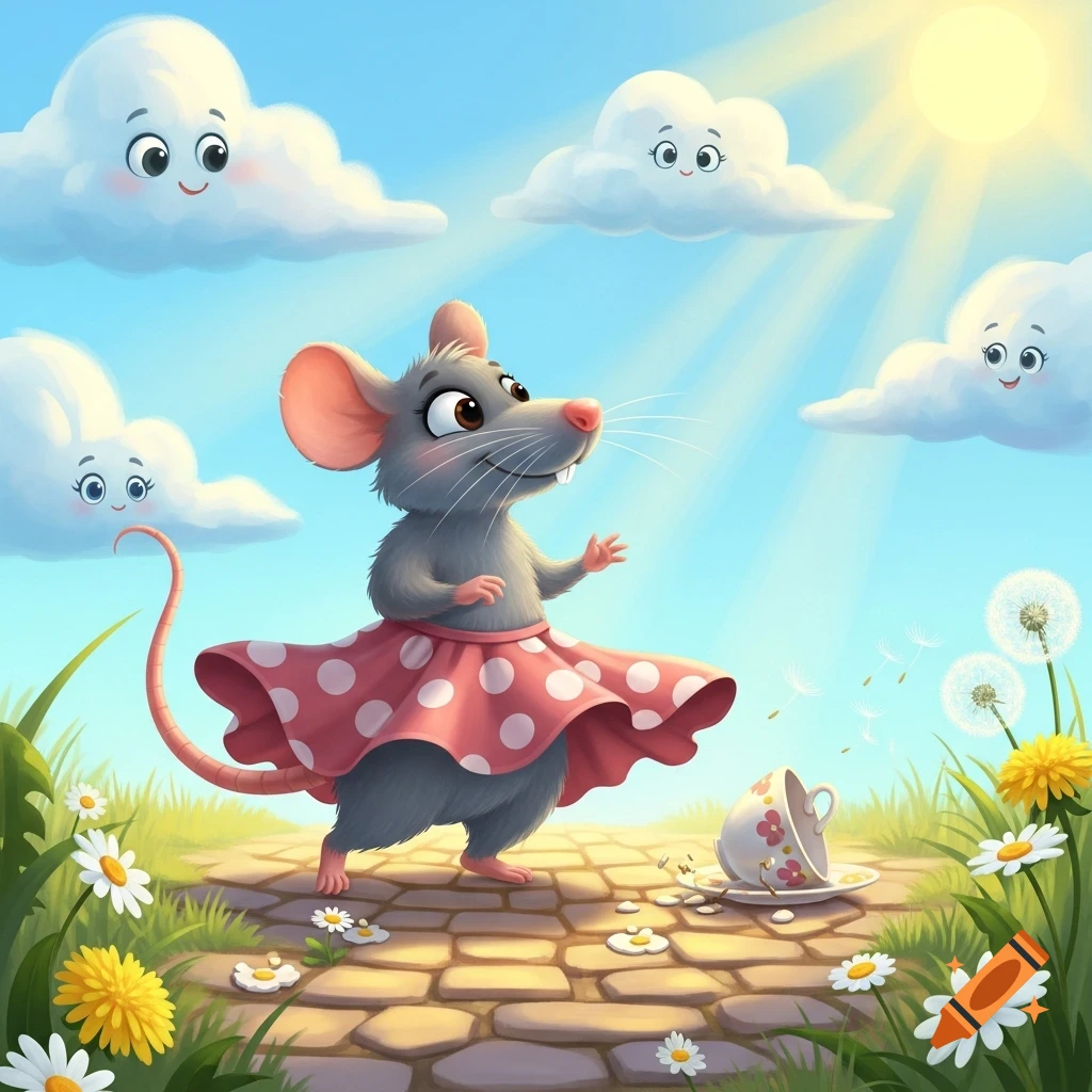 A cute cartoon mouse in a pink polka dot skirt dances on a cobblestone path under a sunny sky with happy clouds and flowers.