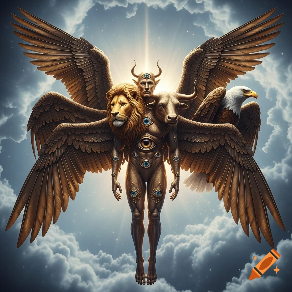 A golden, winged angelic being with the faces of a man, lion, ox, and eagle, covered in many eyes, floats against a bright, cloudy sky.