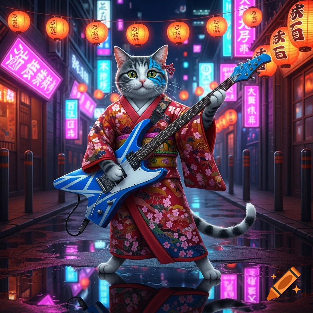 A cat in a red floral kimono plays a blue electric guitar on a wet, neon-lit Japanese street at night.
