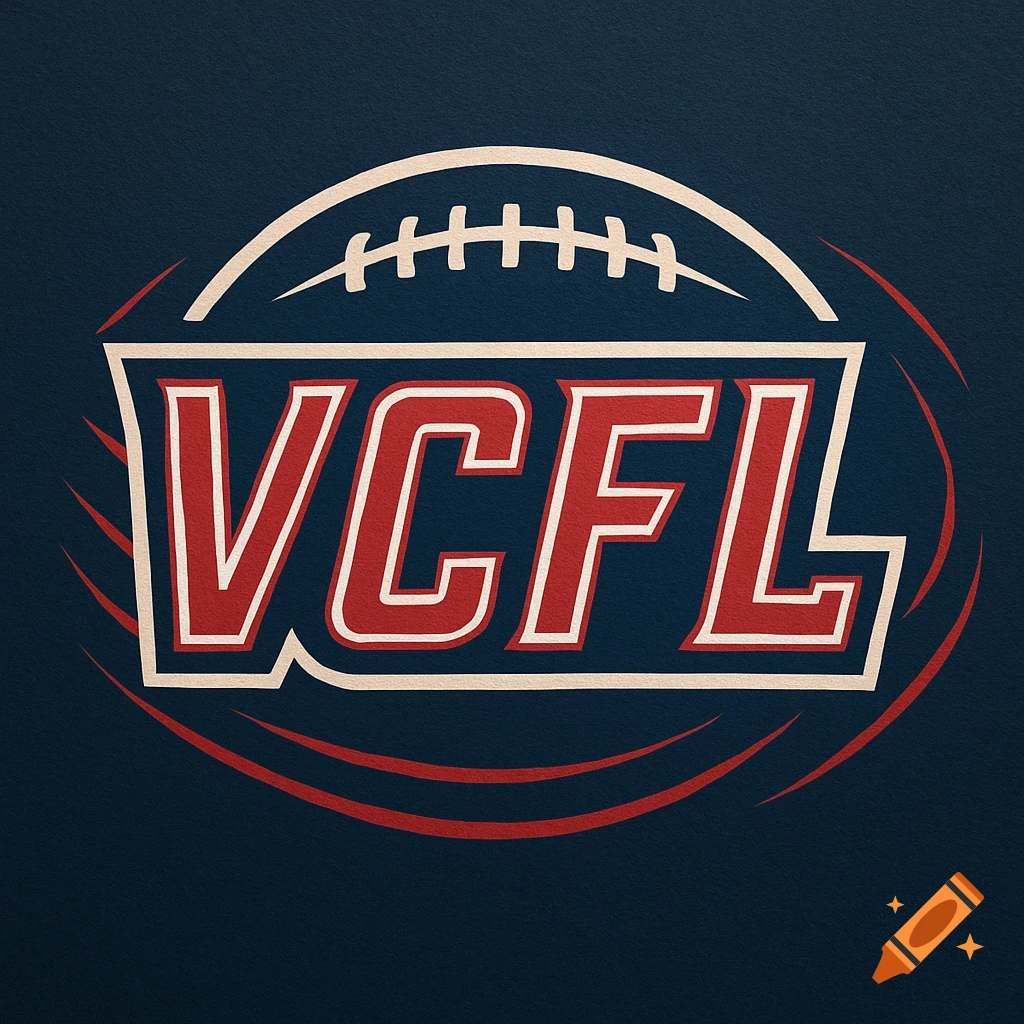 A red and white "VCFL" logo on a dark blue background, stylized with a football and speed lines.