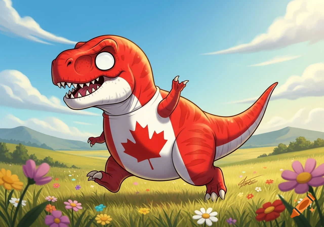 A happy, red cartoon T-Rex in a Canadian maple leaf shirt runs through a sunny field of colorful wildflowers.