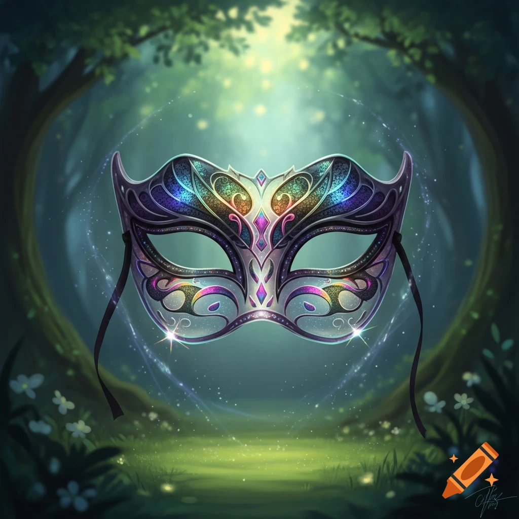 A detailed, colorful rainbow scale mask floats in an enchanted forest setting with glowing light and sparkles.