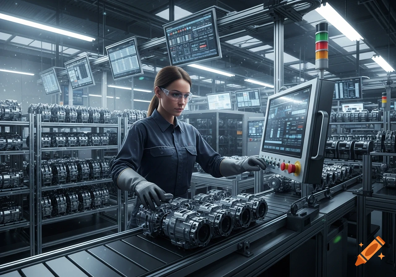 Photorealistic image of a woman in safety glasses and gloves working on a conveyor belt in a modern, automated factory.