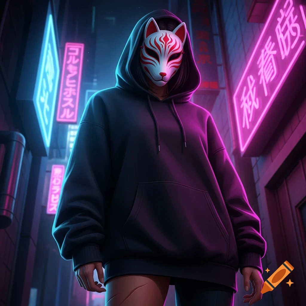A figure in a black hoodie and a white Japanese fox mask stands in a neon-lit cyberpunk alley.