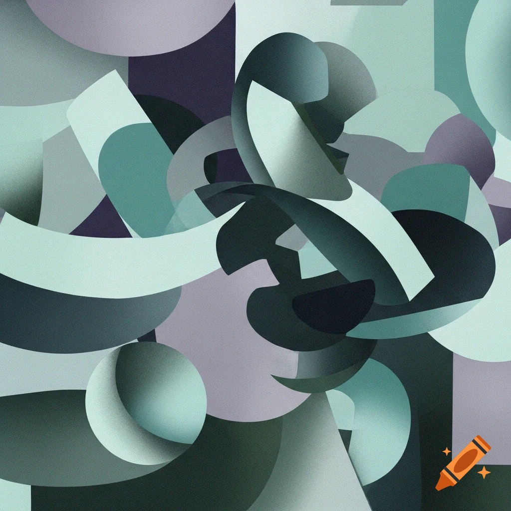 An abstract painting with layered geometric and curved shapes in shades of aquamarine, grey, light purple, and dark green, with a grainy texture.