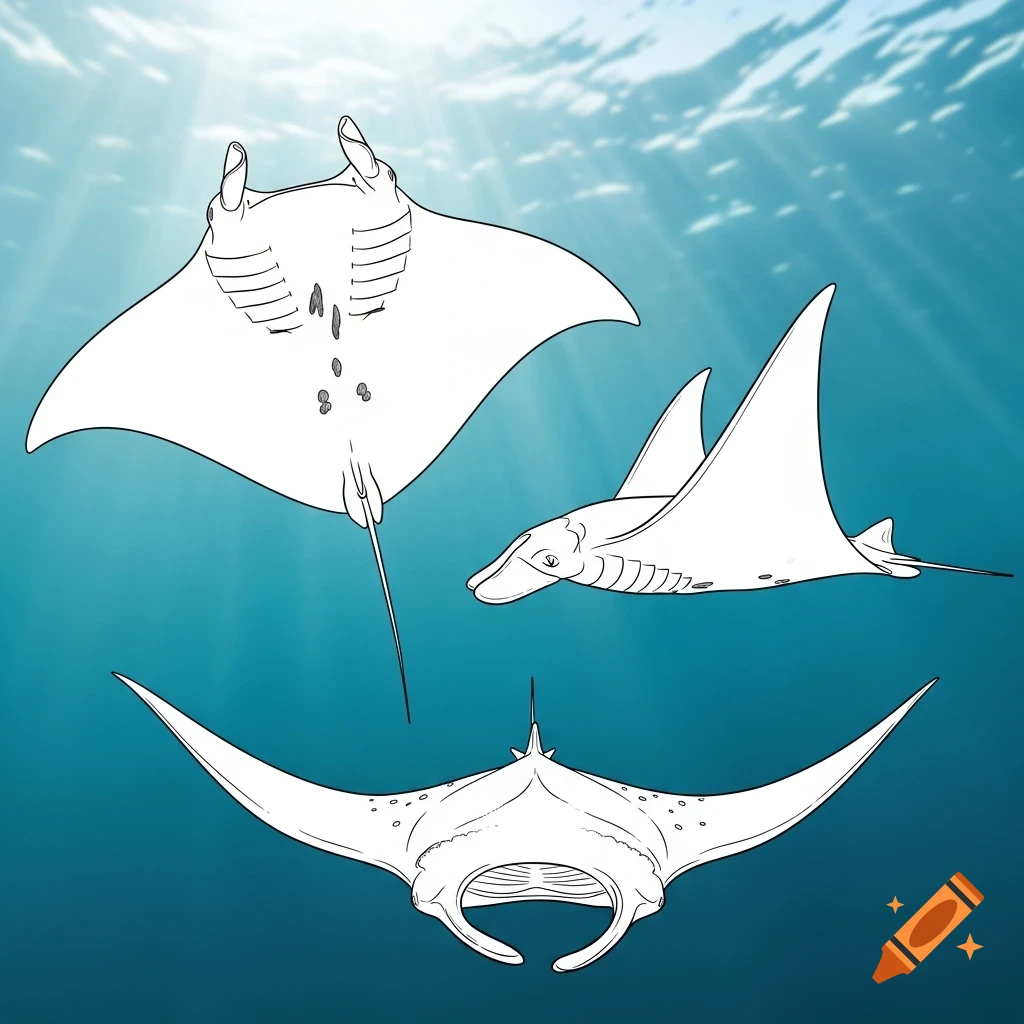 Three white outline illustrations of manta rays from top, side, and front views in a blue underwater setting with light rays.