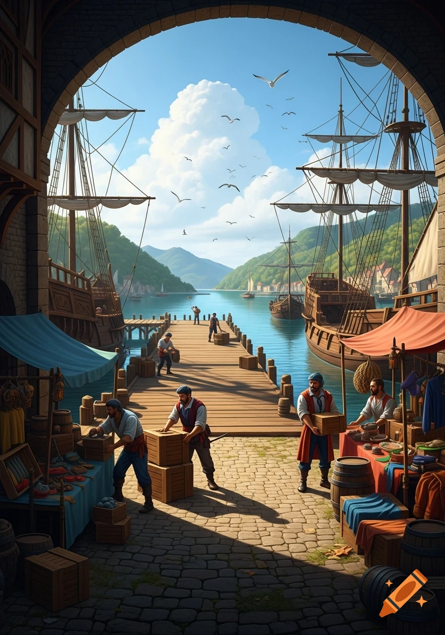 A bustling medieval dock seen through an archway, with men loading crates, market stalls, large wooden ships, and a bay surrounded by green mountains under a blue sky.