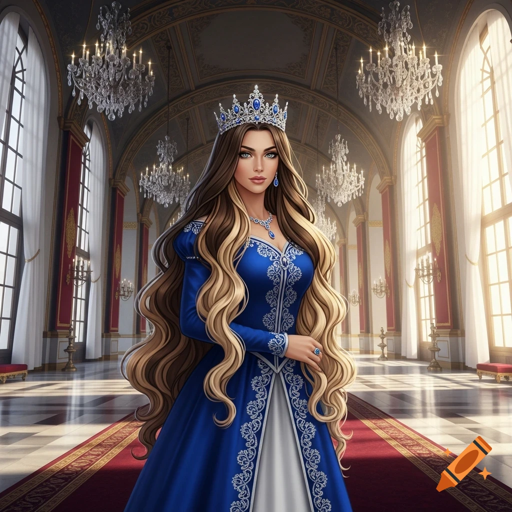 A queen with long blonde and brown hair, wearing a blue ornate dress and crown, stands in a grand palace hall with chandeliers.