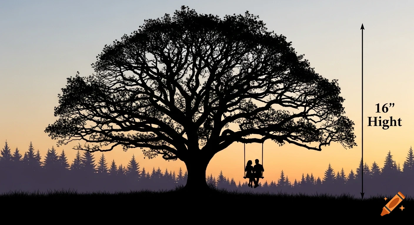 Silhouette of a couple on a swing hanging from a large oak tree at sunset, with a forest in the background.