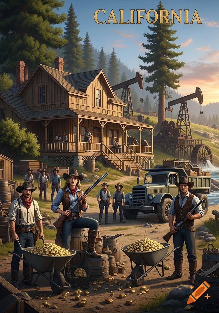 A photorealistic scene of an 1800s California gold rush, featuring a ranch house, oil wells, and a river. A woman with a shotgun sits amidst wheelbarrows of gold nuggets, flanked by armed men and a mining truck.