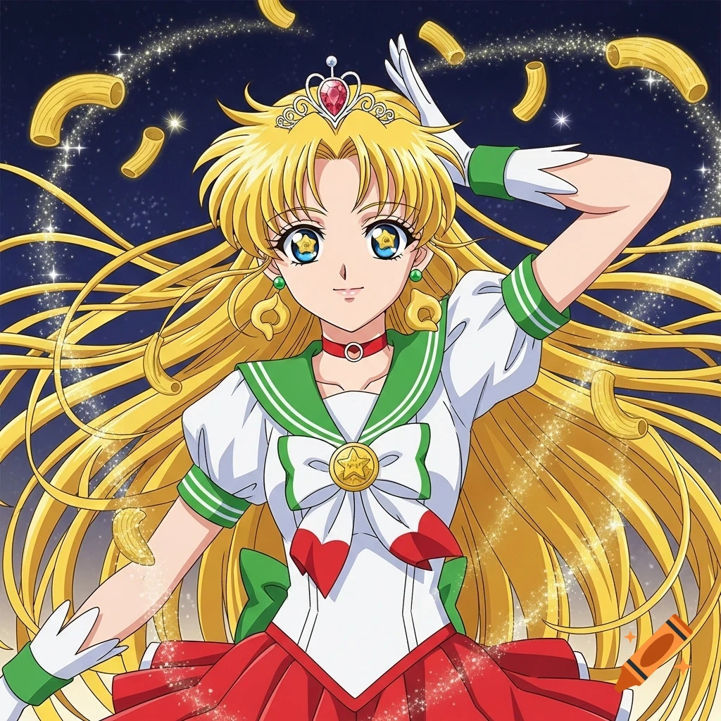 Anime magical girl with flowing golden spaghetti hair and a tiara, wearing an Italian flag-themed sailor uniform, posing against a starry sky with floating pasta.