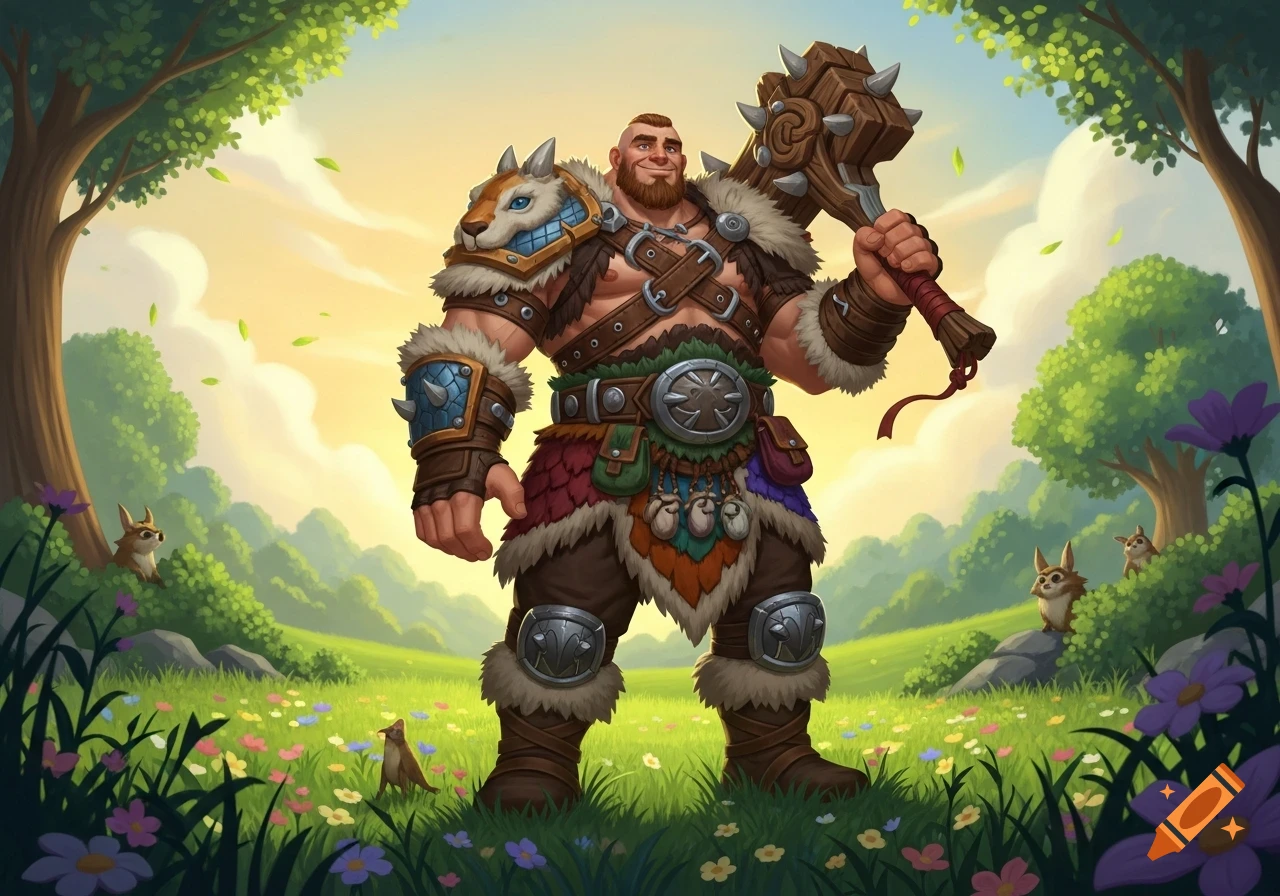 A muscular barbarian with a spiky wooden club, fur and leather armor, stands in a vibrant, stylized forest with small animals.