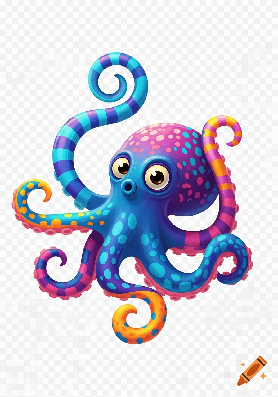 A vibrant, cartoon octopus with large eyes and colorful, striped, curly tentacles on a transparent background.