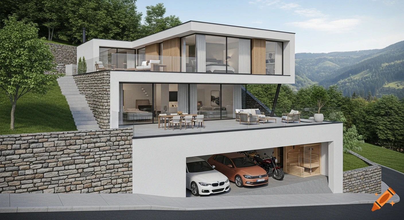 A modern two-story house with a white facade and large windows is built into a steep green hillside with dry stone retaining walls. It features a garage with a white BMW and a copper VW Polo, multiple terraces with lounge and dining furniture, all overlooking a vast, forested valley under a partly cloudy sky.