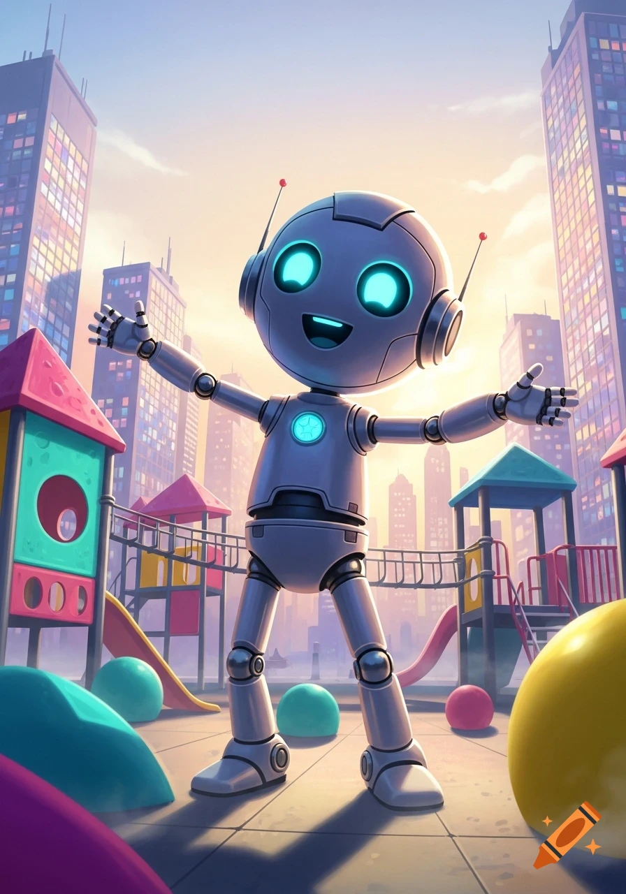 A happy, shiny cartoon robot stands with arms outstretched in a colorful city playground.