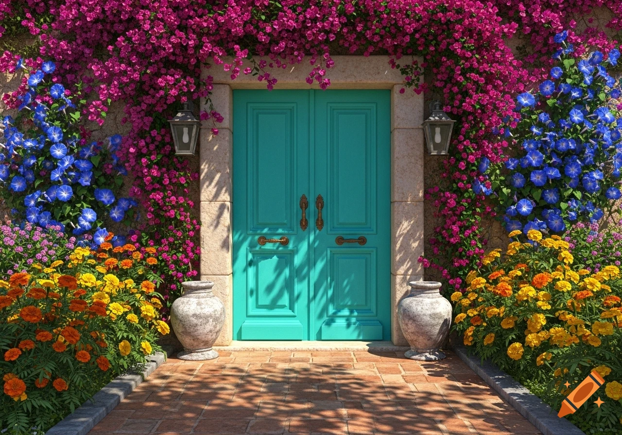 A vibrant turquoise double door surrounded by pink bougainvillea, blue morning glories, and yellow and orange marigolds, leading to a brick path.
