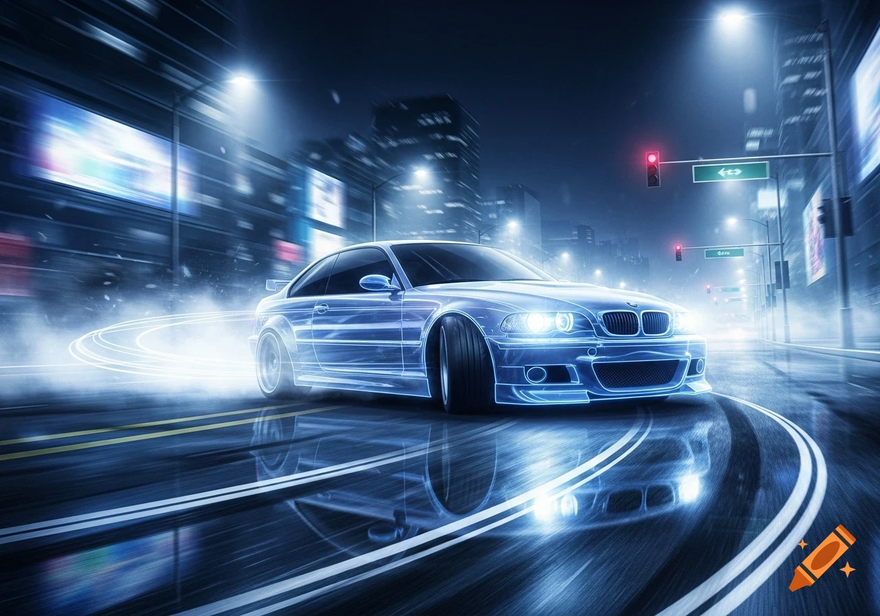 A glowing blue BMW sports car drifts on a wet city street at night, leaving light trails with blurred city lights and buildings.