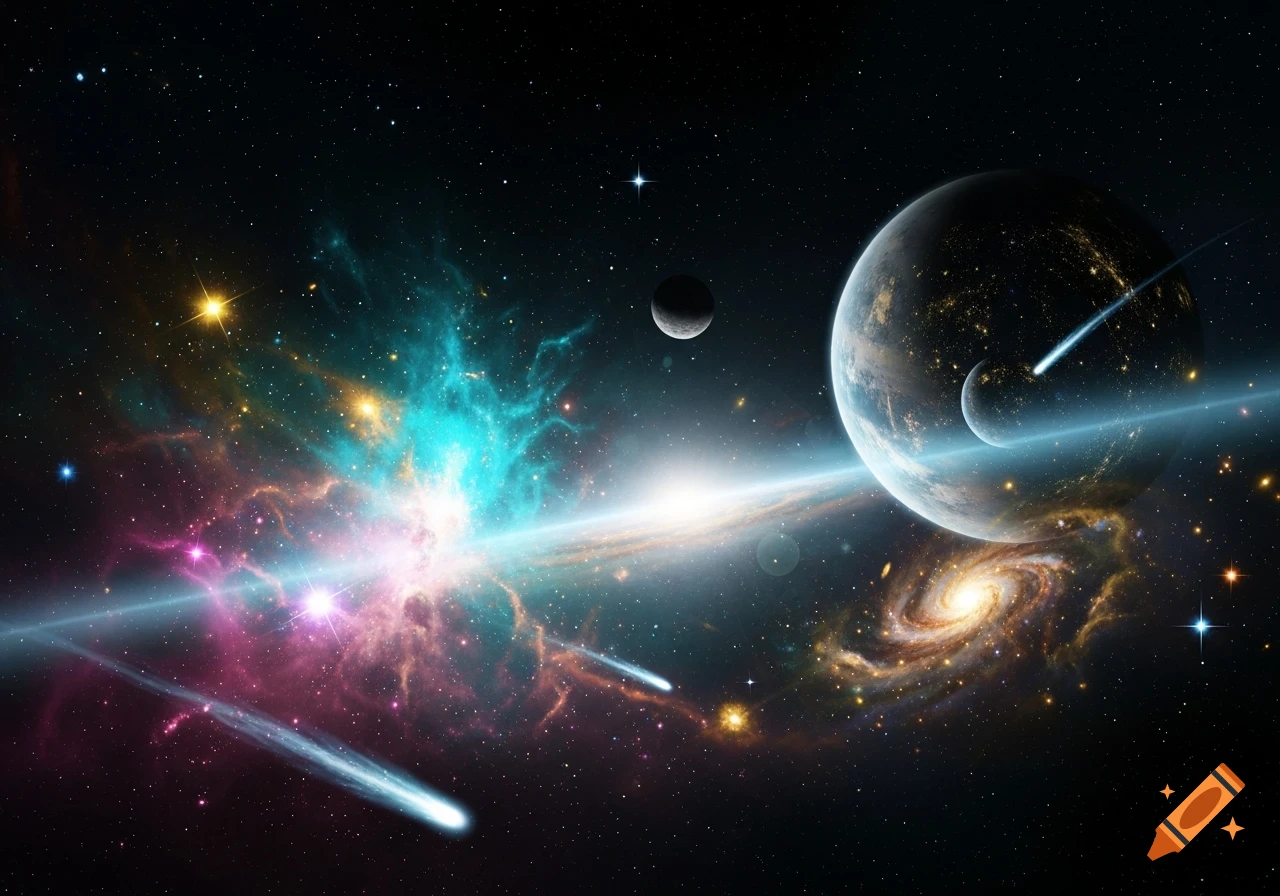 A vibrant cosmic scene featuring planets, colorful nebulae, sparkling stars, and streaking comets against a dark galaxy.