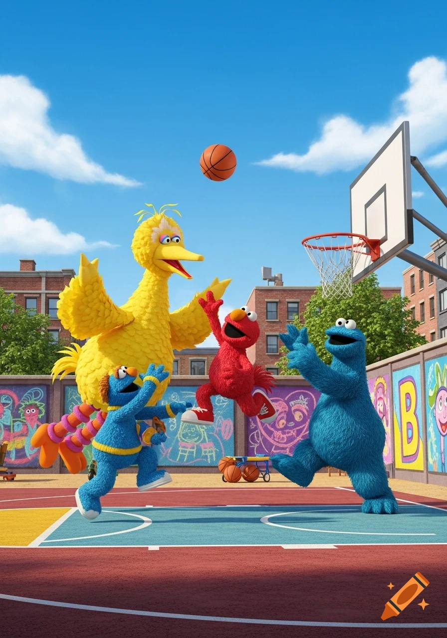 Big Bird, Elmo, Cookie Monster, and another blue Sesame Street monster play basketball on an outdoor court with graffiti walls under a blue sky.