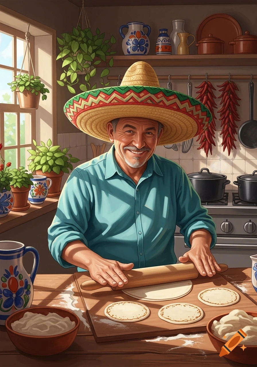 Smiling man in a sombrero rolling out flatbread dough on a wooden board in a sunny kitchen, illustrated.