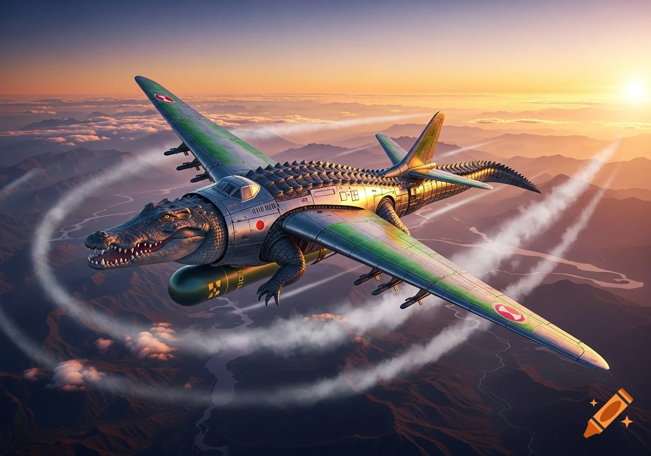 A majestic photorealistic crocodile-airplane hybrid with green wings and a nuclear bomb attached, soars over a mountainous landscape with a vibrant sunset.