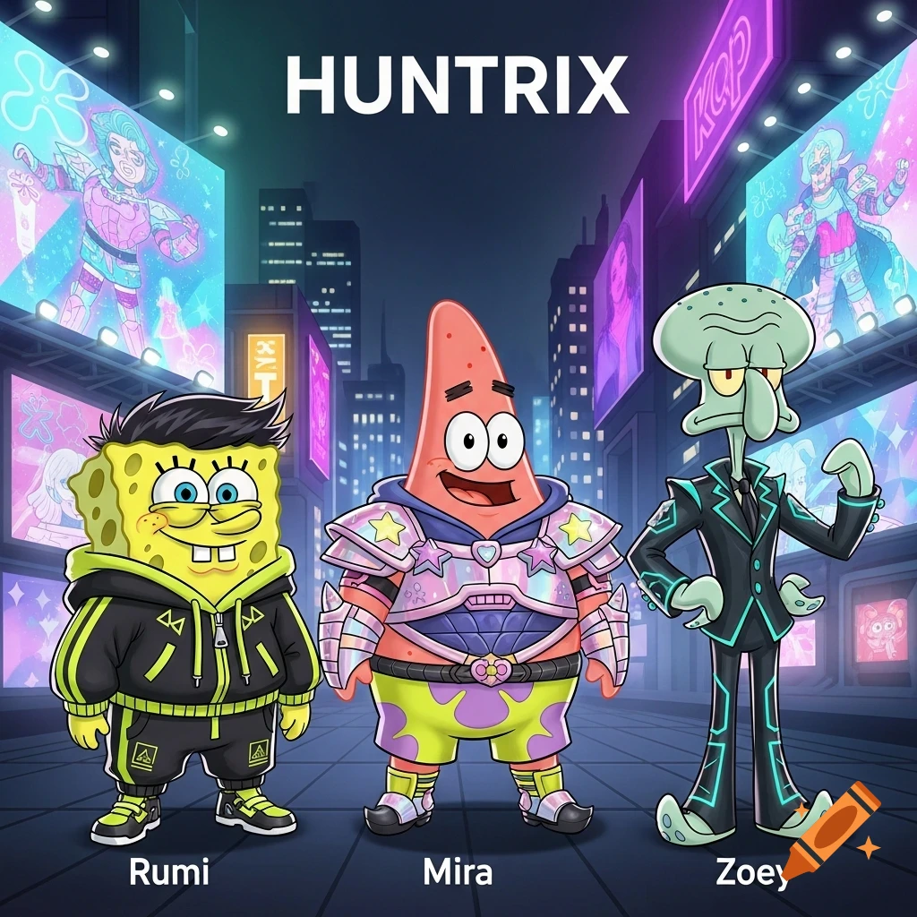 SpongeBob, Patrick, and Squidward in futuristic K-pop inspired outfits stand in a neon-lit city at night. Text: HUNTRIX, Rumi, Mira, Zoey.