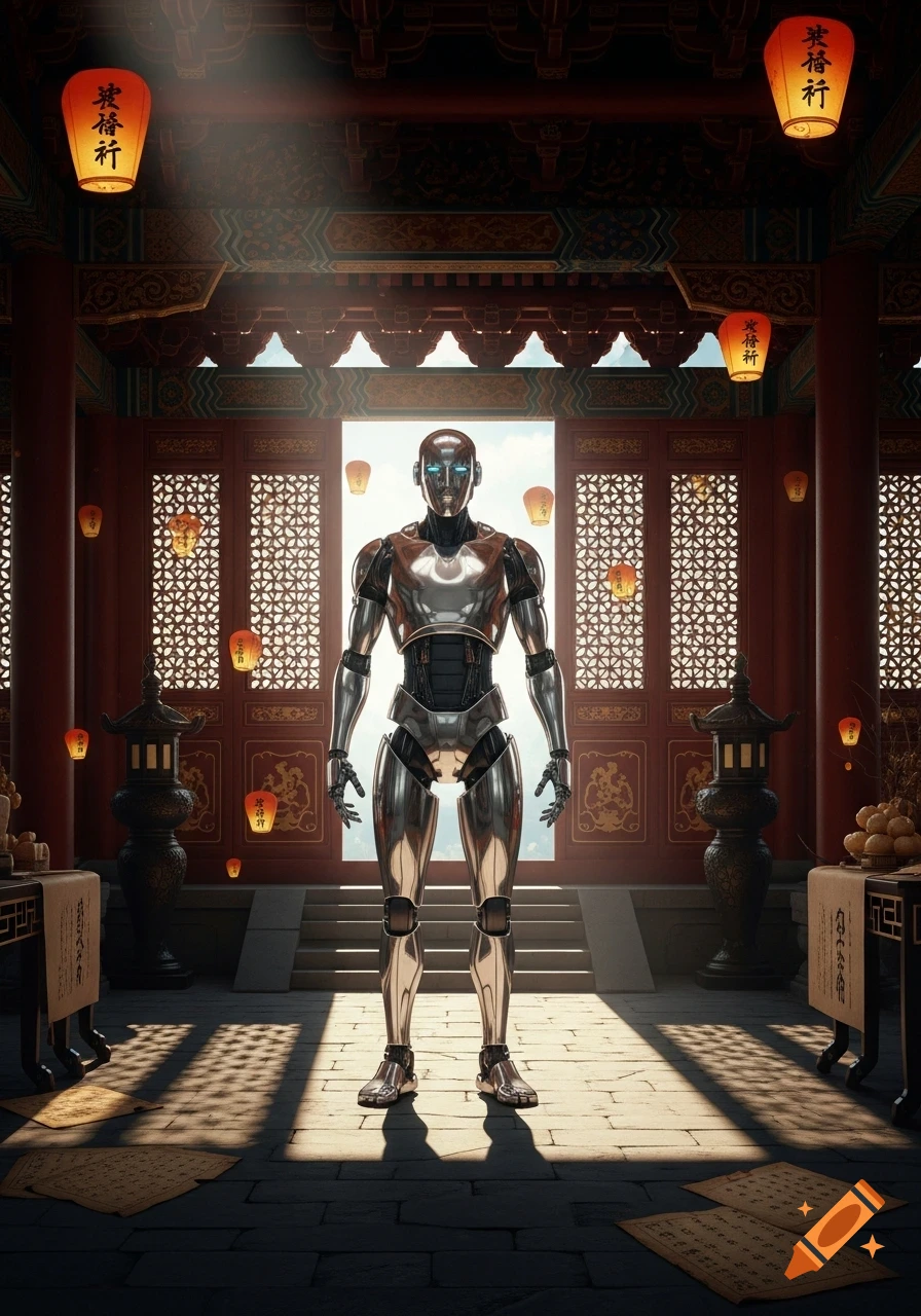 A gleaming silver robot stands in the center of an ornate Chinese temple, with red and gold architectural details, lanterns, and sunbeams.