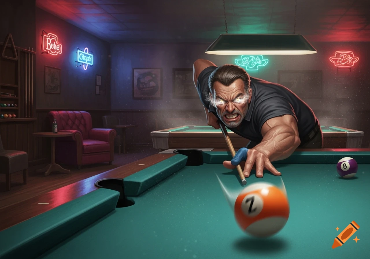 An angry, intense man with glowing eyes takes a shot during a game of pool in a dark, neon-lit bar.