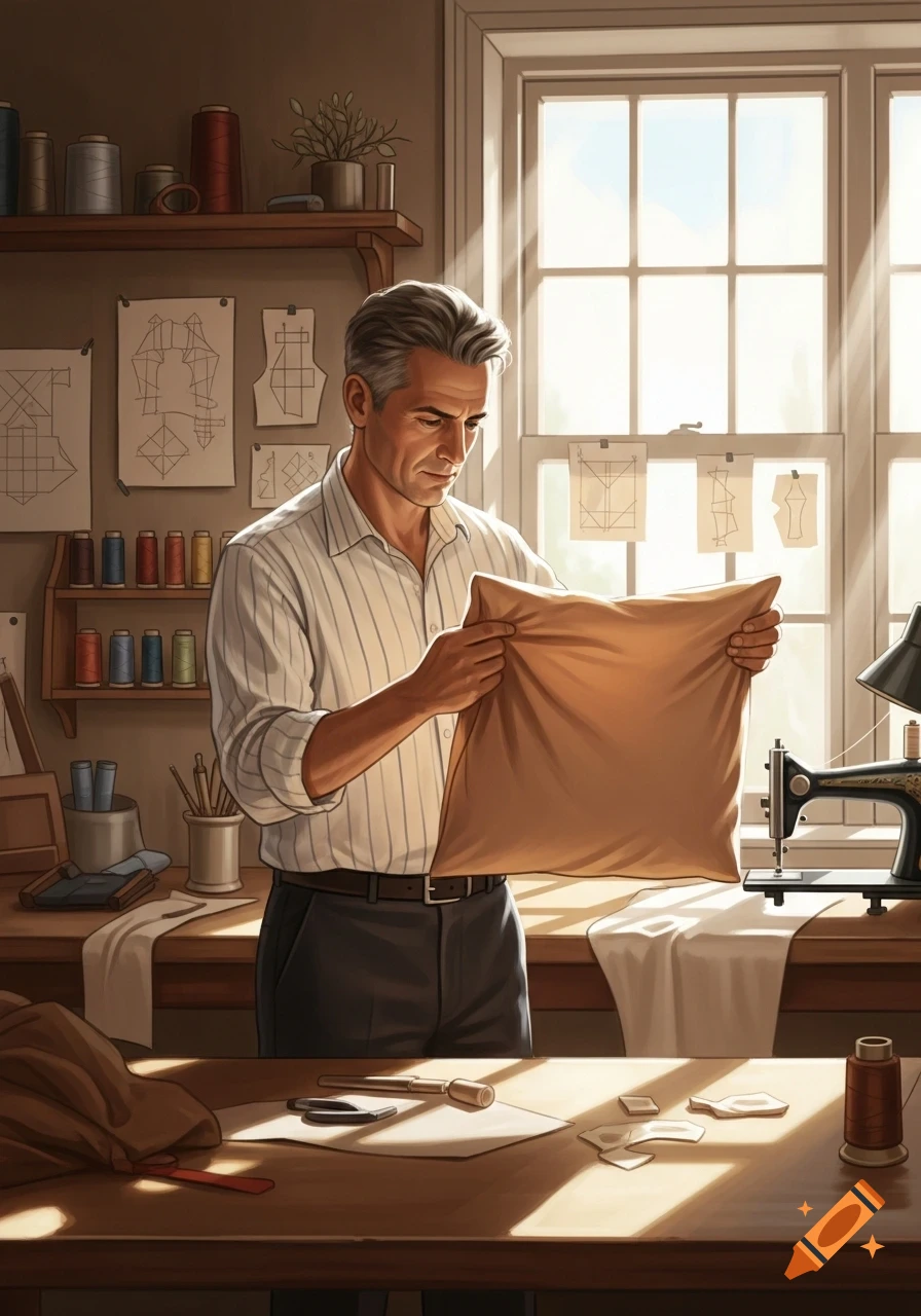 A male tailor in a sunlit workshop examines a piece of light brown fabric, with a sewing machine and thread spools on the table.